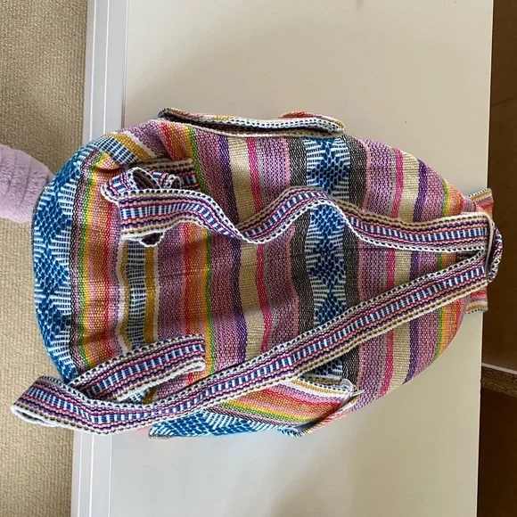 Multicolor Woven Baja-Style Backpack with Drawstring, Shell Accent & Pockets - Picture 8 of 8